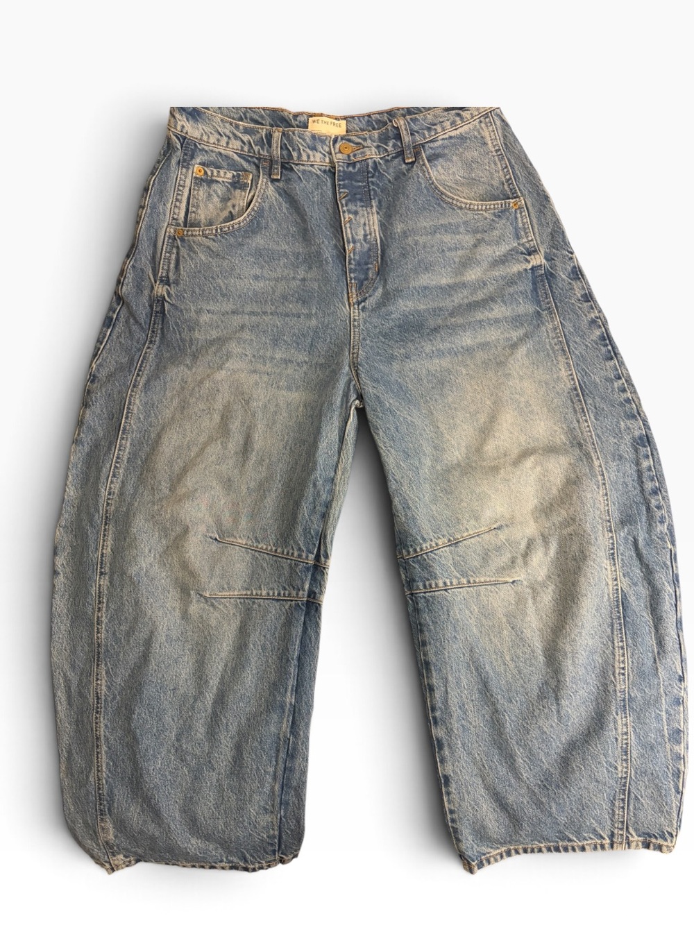 Free People We The Free Barrel Leg Jeans Size 31 Blue Wash Button Fly